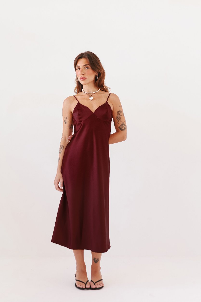 Vestido Florença Cetim Vinho